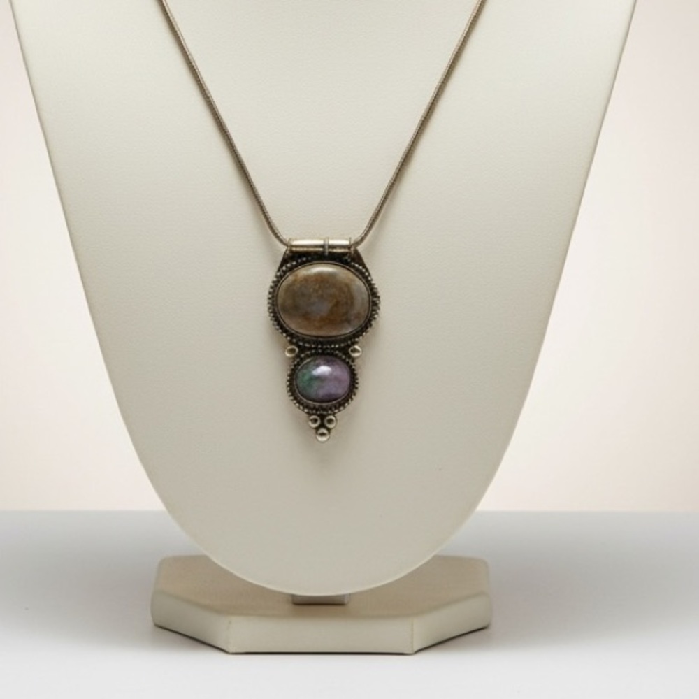 Vintage Boho Tribal Pendant Necklace Brass Jasper Stone Large Statement